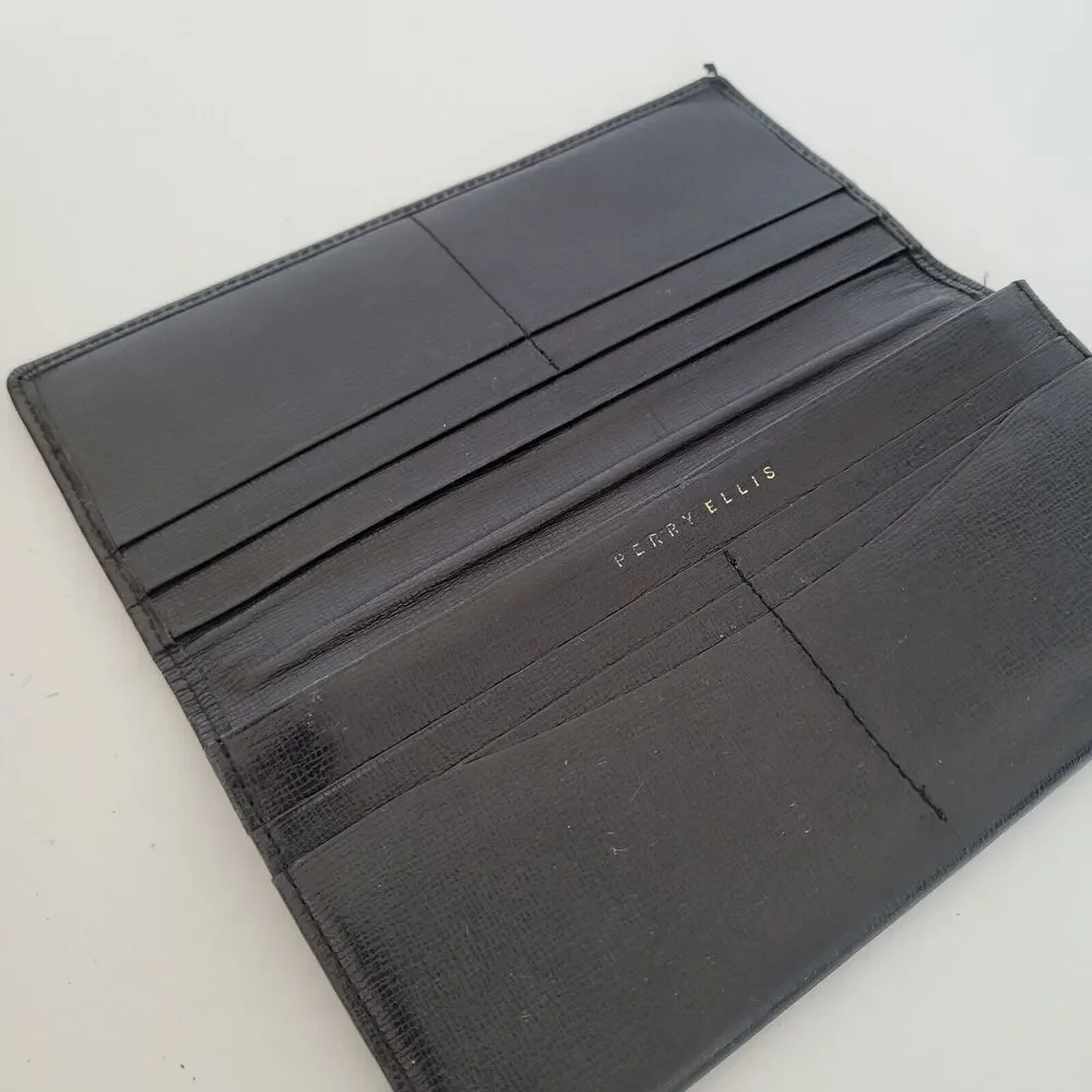 Perry Ellis Bifold Leather Black Wallet Long Slim Envelope Logo Card Check Holde